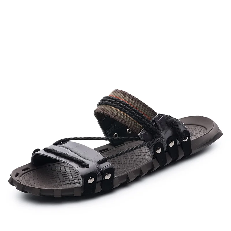 

2019 Men's slides flip flops cow genuine leather slippers outside Leisure man shoes Beach Soft Casual summer adult Sandals