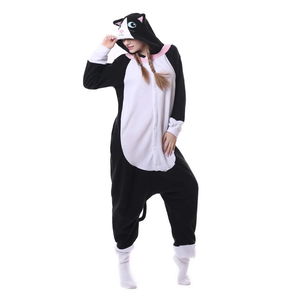 Unisex Black Cat Onesies Cosplay Pajamas Adult Pyjamas Animal Sleepwear Jumpsuit Christmas