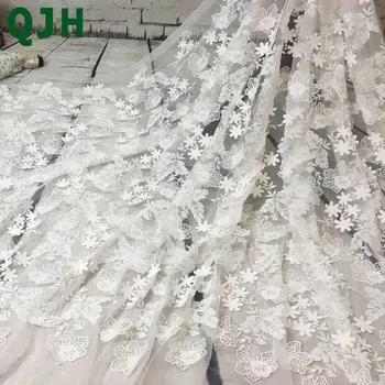 

New Pure white 1 yard Floral pattern 3D Embroidered Lace Fabric African swiss voile lace milk silk for Skirt&Dress DIY Materials