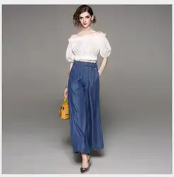 Для женщин Suite 2018 новые летние модные Комплект из 2 предметов Женский пиджаки Повседневное Slash шеи Половина рукава топ + джинсовые