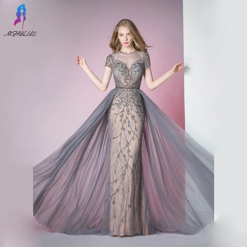 

MSHBLUE Luxury Gray Crystals Evening Dresses Long Cap Sleeve Tulle Formal Dress Evening Gown Robe De Soiree
