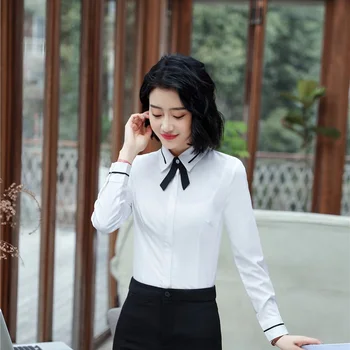 

Elegant White Long Sleeve Formal Uniform Styles Blouses & Shirts For Women Office Work Wear Ladies Tops Blouse Clothes Plus Size