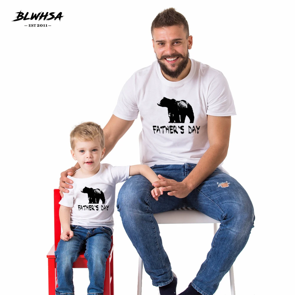 

BLWHSA Father's Day T shirt Bear Summer 100% Cotton Parent Child Father T-shirts Funny Family Matching Kids ChildrenTops Tees