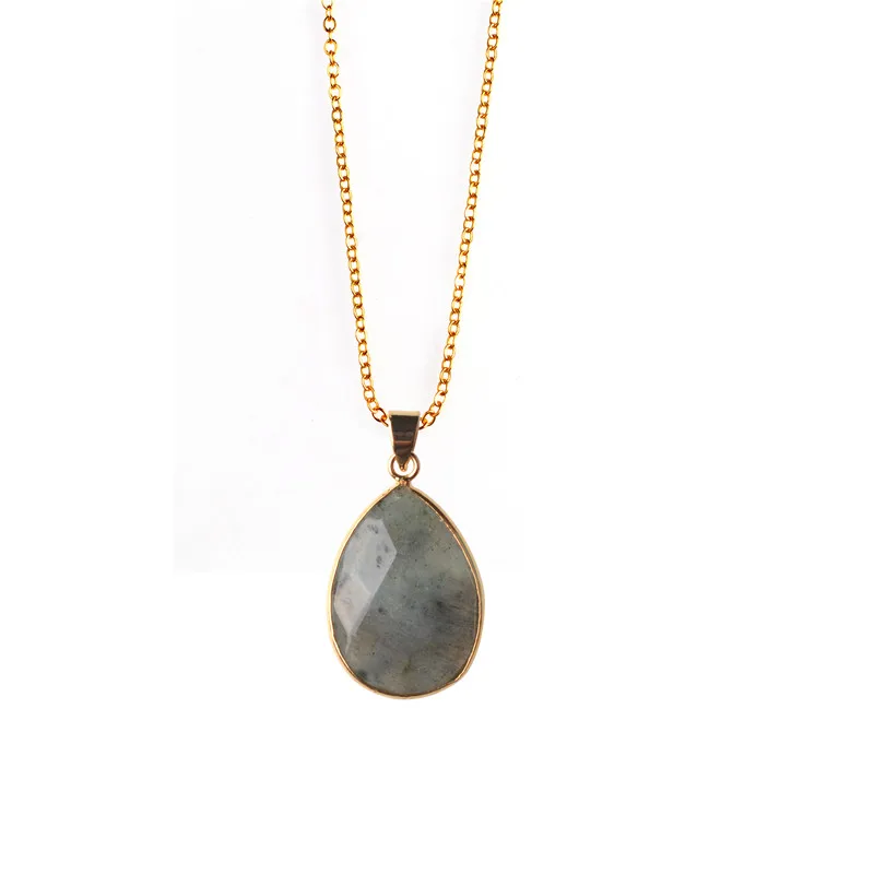 Spectrolite Jewelry Natural Stone NecklacesTear Drop Crystal Quartz Drusy Agat Pendant Necklace Statement Collier