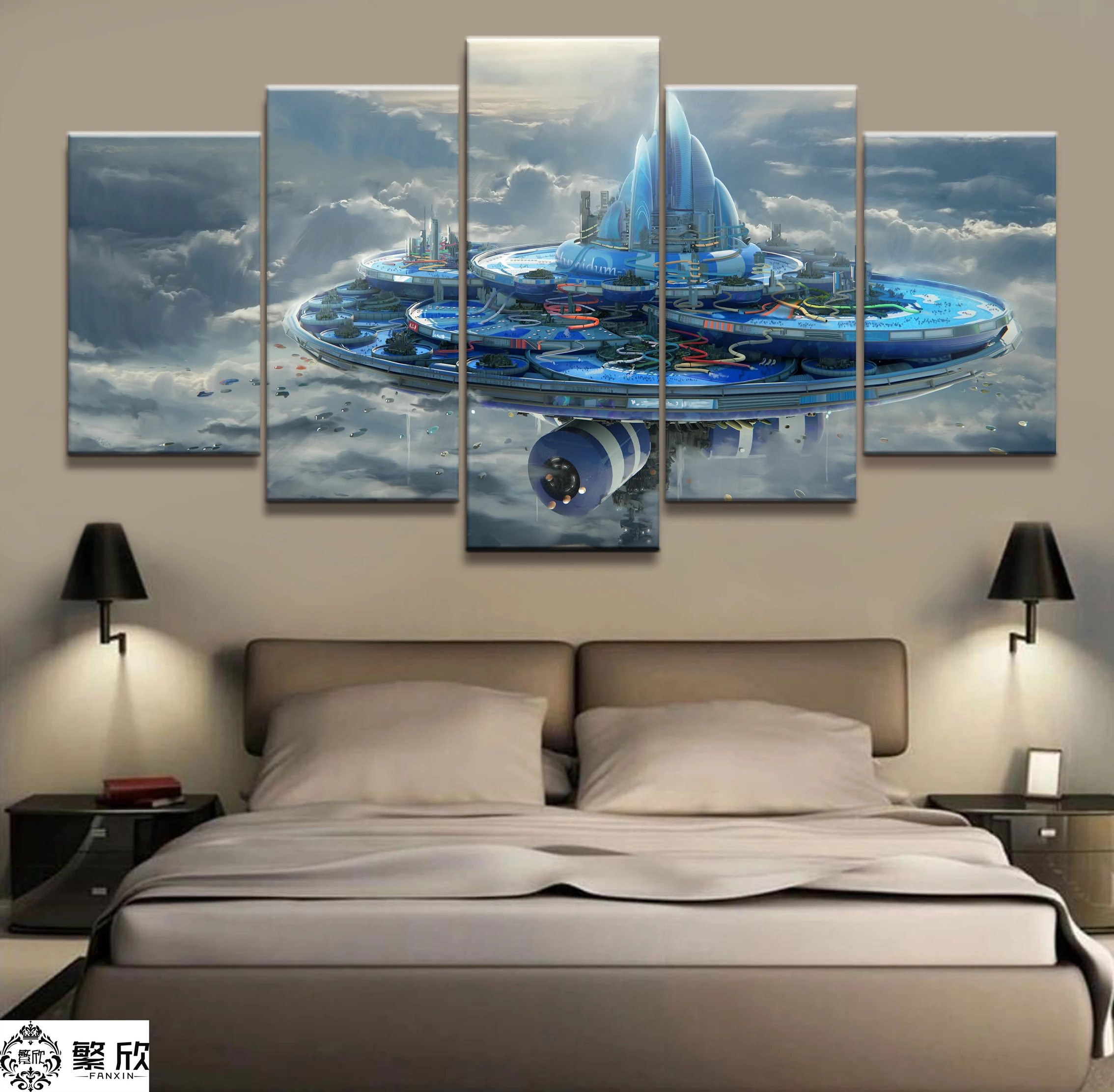 

Home Decor Modular Canvas Picture 5 Piece Sky Future City Scenery Painting Art Poster Wall For Home Canvas Painting Wholesale