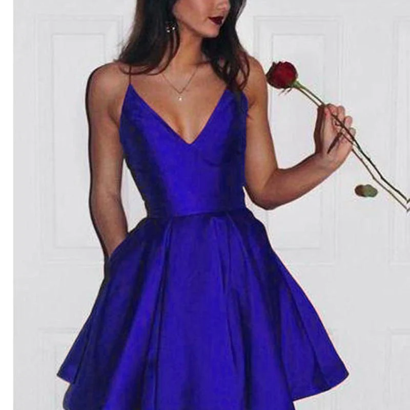 Royal Blue Простое платье для выпускного, Бургунди,, платье трапециевидной формы с v-образным вырезом, атласное платье на тонких бретелях, короткие танцевальные платья, милое платье 16 - Цвет: Royal Blue