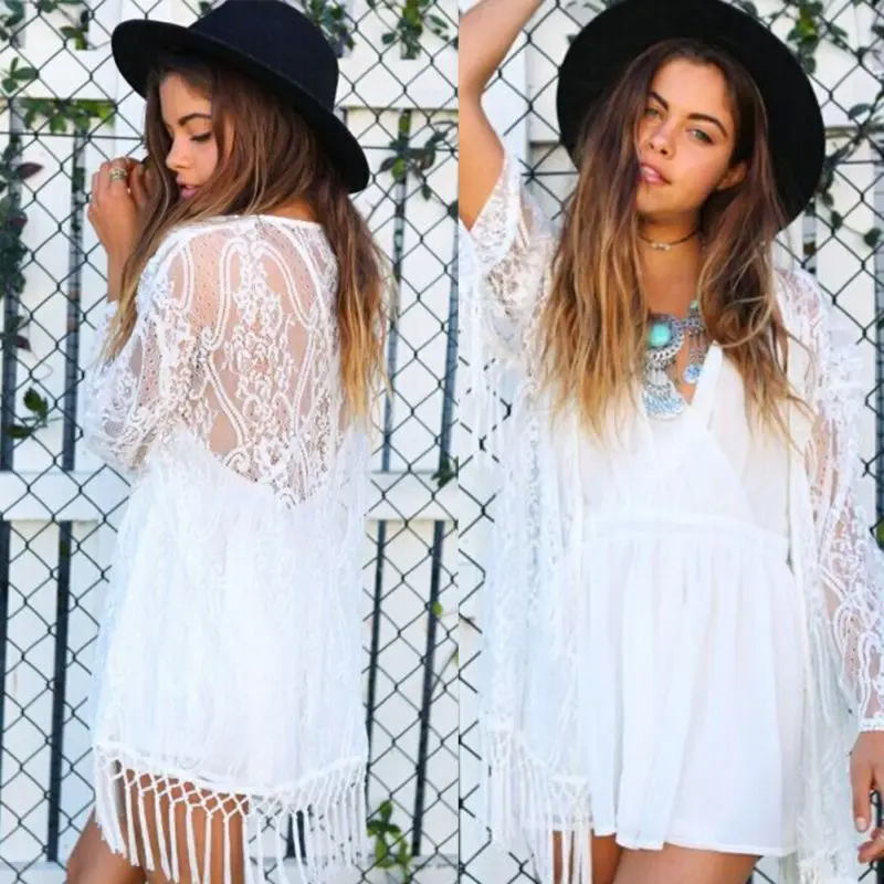 swimwear Lace Women Long Sleeve Cardigan Summer Beach