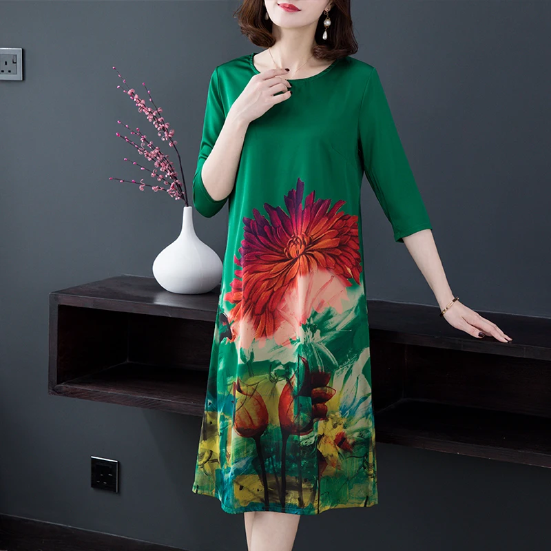 2019 Summer High quality Real Silk Dress Women Clothing Elegant Print Mom Loose O-Neck Short Sleeves Plus Size Vestidos | Женская одежда