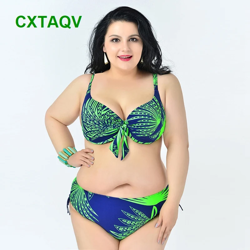 

2018 High Elastic Super Large Plus Size 2XL,3XL,4XL,5XL,6XL Bandage Bra Front Mid Waist Bikini Swimwear Leaf Print Simsuit Sale