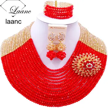 

16 Rows Nigerian Wedding African Beads Gold AB Red Opaque Crystal Bridal Jewelry Set 2017 Free Shipping C16C004