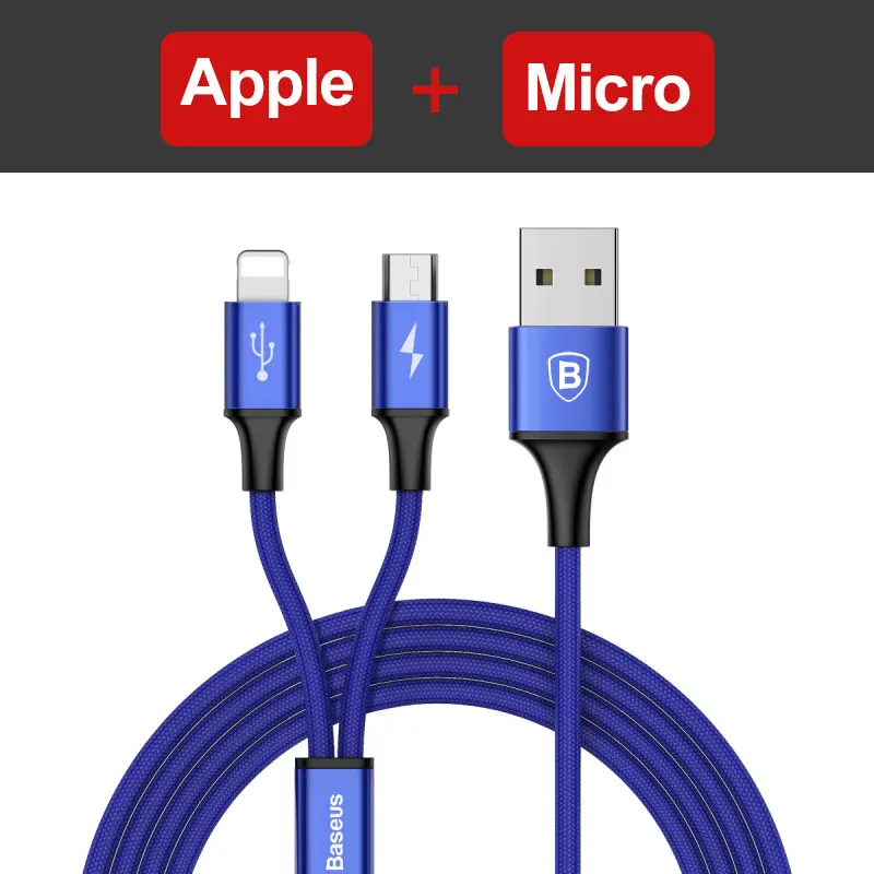 Baseus 2 in 1 USB Cable For iPhone Xs Max Xr X 8 7 6 Fast Charging Charger Micro USB Cable Android Mobile Phone Microusb Cable - Цвет: Blue