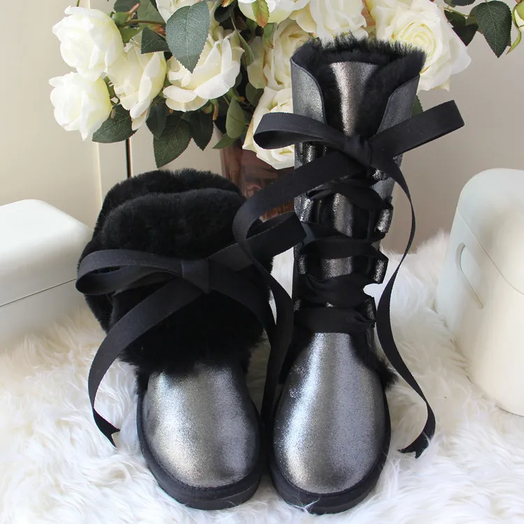 

2018 Top Quality Genuine Sheepskin Leather Women Snow Boots Fashion Lace up Winter Boots 100% Natural Fur Wool Women Long Boots