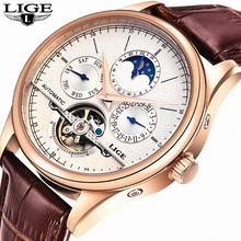 LIGE Brand Men watches Automatic mechanical watch tourbillon Sport clock leather Casual business wristwatch Gold relojes hombre