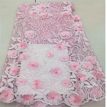 

2019 High Quality African Lace Fabrics/French Net Embroidery Peach 3 D Flowers Tulle Lace Fabric French Lace Fabric