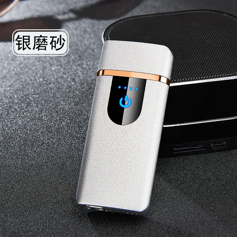 Новейшая газовая и электрическая зажигалка с сенсорным экраном, перезаряжаемая USB Зажигалка, ветрозащитная металлическая газовая зажигалка с дисплеем питания - Цвет: Silver matte