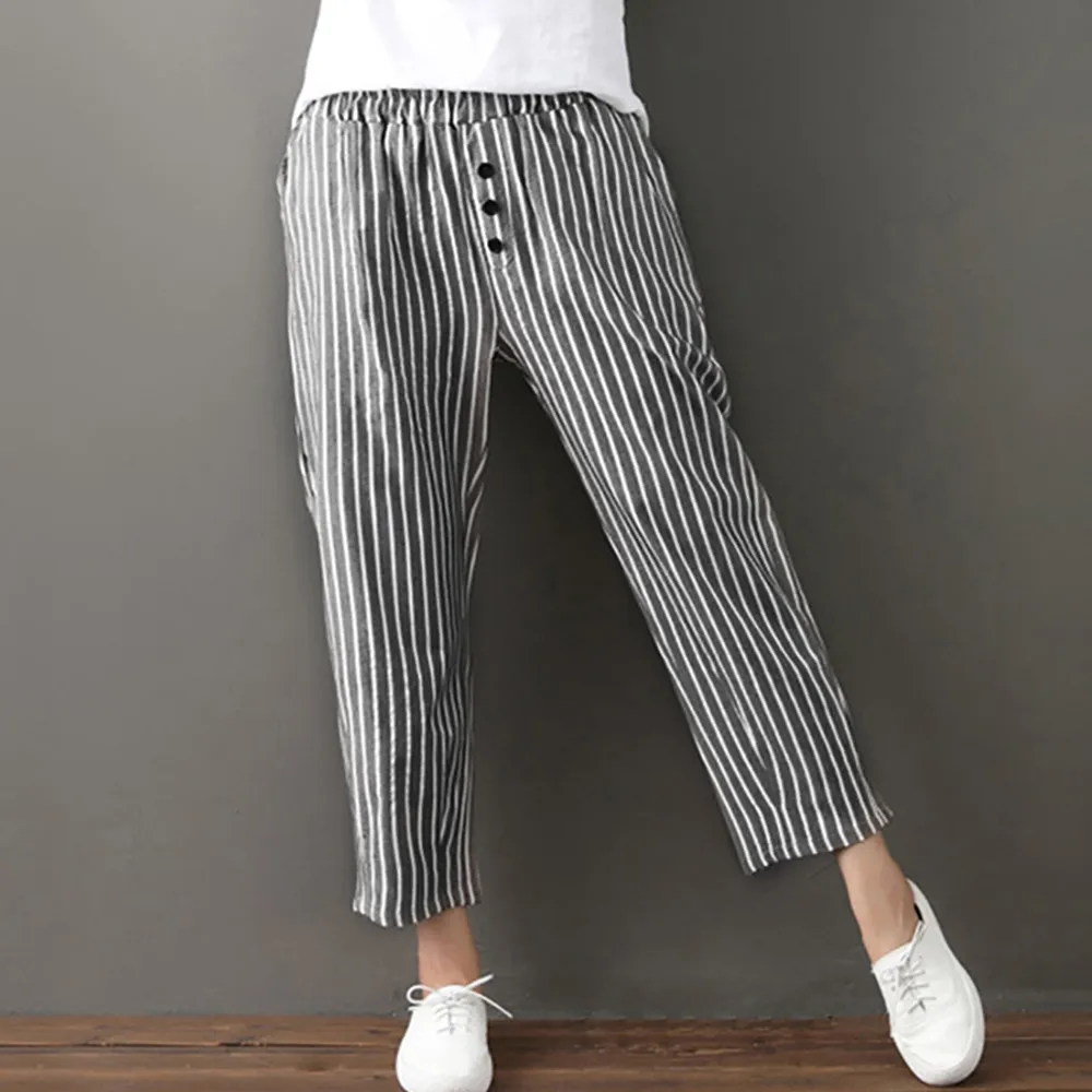 

Women Casual Pants Stripe Elastic Mid Waist Pockets Button Lady Long Loose Pants pantalones mujer cintura alta