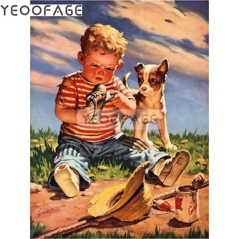 DIY Diamond Painting Cross stitch Needlework dog 5d rhinestone art Rhinestone Fishing boy full square Diamond embroidery pattern