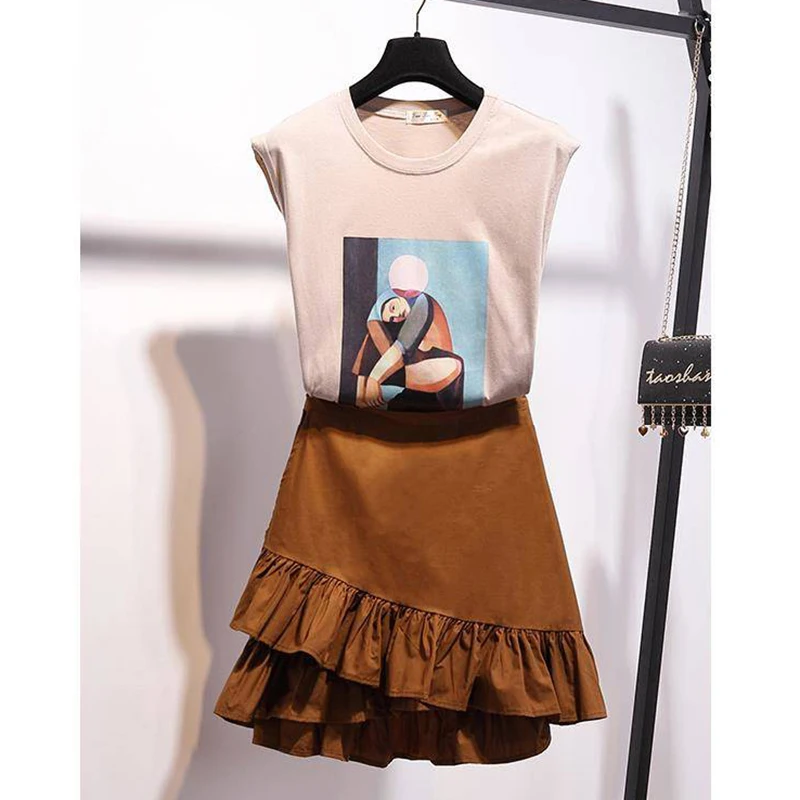 

2019 Summer Fashion Women Sweat Suit Set Printted Sleeveless Crop Tops + Mini Ruffles Skirt Suit Set Two Piece Set Women Clothes