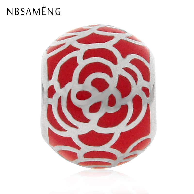 

NBSAMENG 100% 925 Sterling Silver Bead Red Enamel Rose Flower Beads Charms Fit Original Pandora Bracelets DIY Jewelry Gift