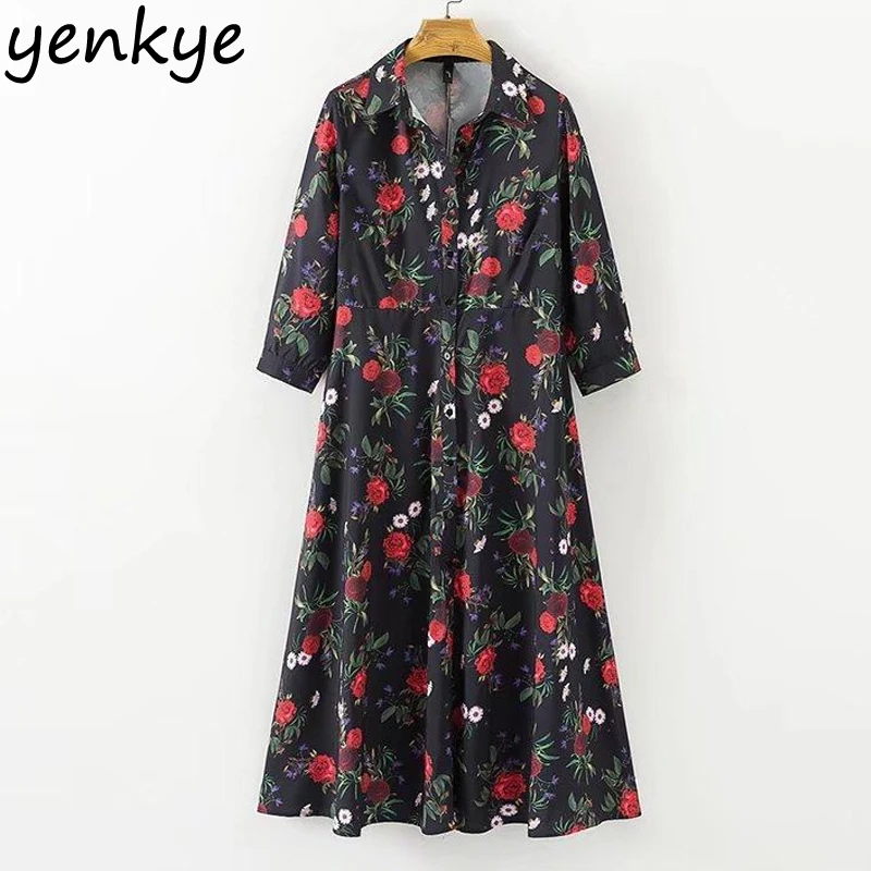 Vintage Women Floral Printed Long Shirt Dresses Casual Three Quarter