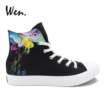 Вэнь черный парусиновая обувь Ручная роспись красочные дым граффити Вулканизированная обувь спортивная унисекс нейтральные плимсоллы крест