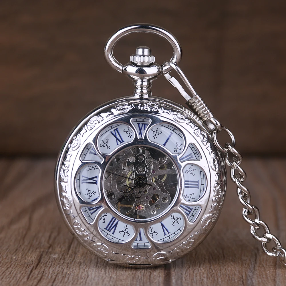 

Silver Double Open Hunter Classic Hand Wind Mechanical Roman Pocket Watch Skeleton Steampunk pendant Chain Gifts For Women Men