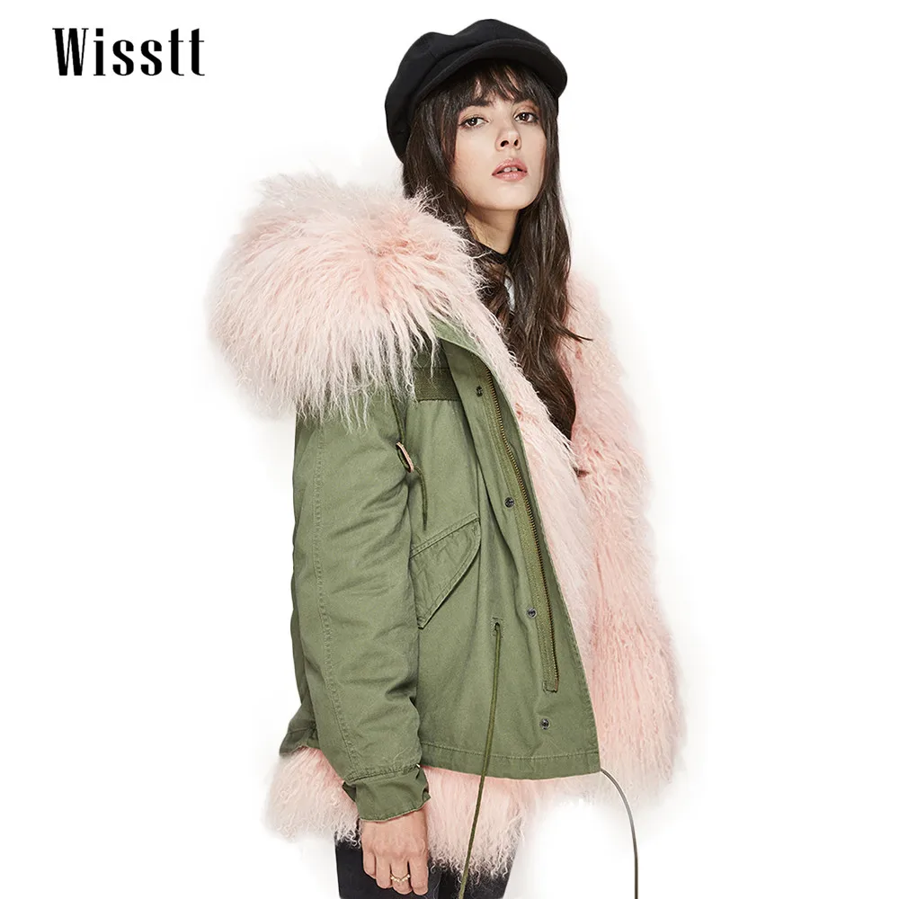 Wisstt Real Lamb Sheep Fur Real Lamb Fur Lined Women Warm Coat Jacket Outwear Winter Christmas Jacket