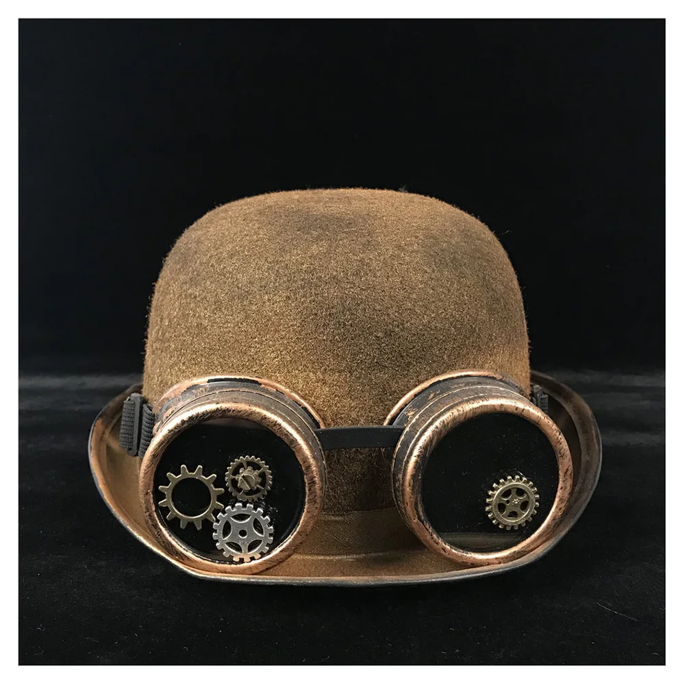 Для женщин и мужчин стимпанк БОУЛЕР шляпа ручной работы Steampnk шестерни очки Косплей золото Billycock Жених шапки