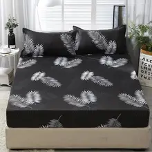 Lençol com 2 pcs Fronha Conjunto Preto Folha Impressa Queen Size Capa Protetor de Colchão Folha de Fundo para o Rei cama