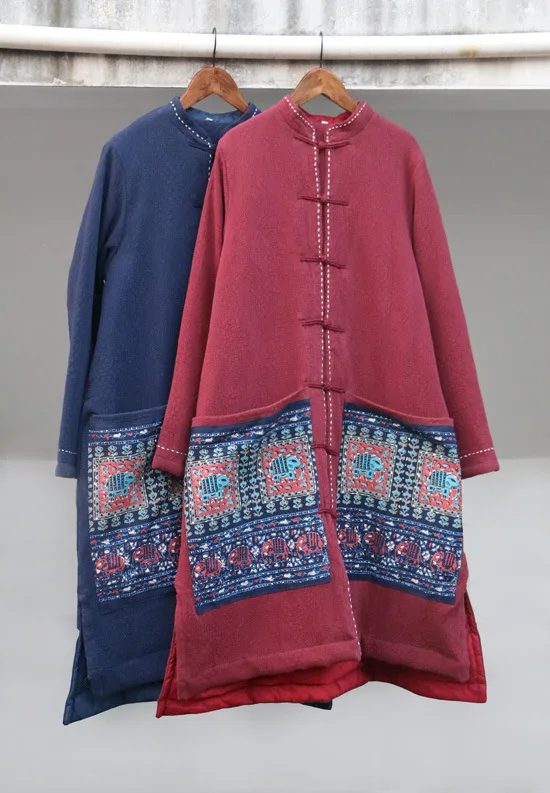 

Winter Original Design Ethnic Style Women Vintage Linen Cotton Jacquard Padded Long Coat Embroidery Big Pockets Parkas Overcoat