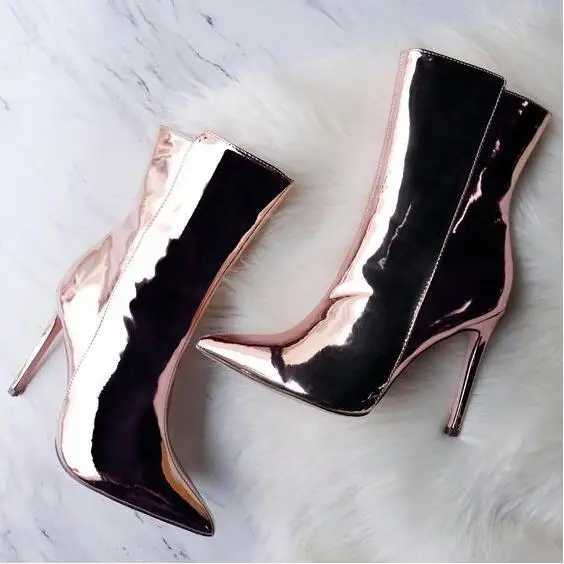 

Rose Gold Mirror Leather Ankle Boots Women Pointed Toe Patent Leather Dress Boots Silver Champagne Gladiator Sandals Boots