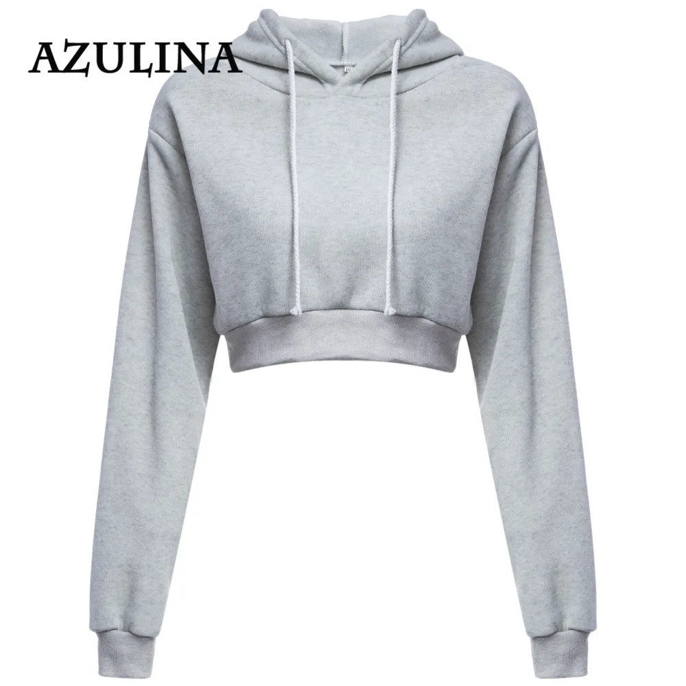 AZULINA Casual Gray Black Cropped Hoodies Pullovers Female Sweatshirt Winter Sexy Grey Short Crop Hoodie for Women Tracksuit