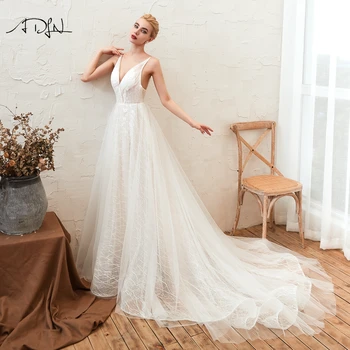

ADLN Sexy Deep V Neck Lace Wedding Dress Vestido De Novia Casamento Boho Bridal Gowns 2019 Backless Bride Dress with Train