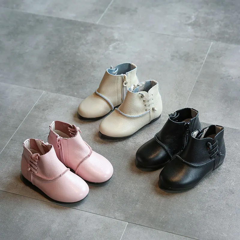 

New Spring and Autumn Children Round Toe Fashion Boots Genuine Leather Girls Short Boots 1-3 Years Old Princess Shoes