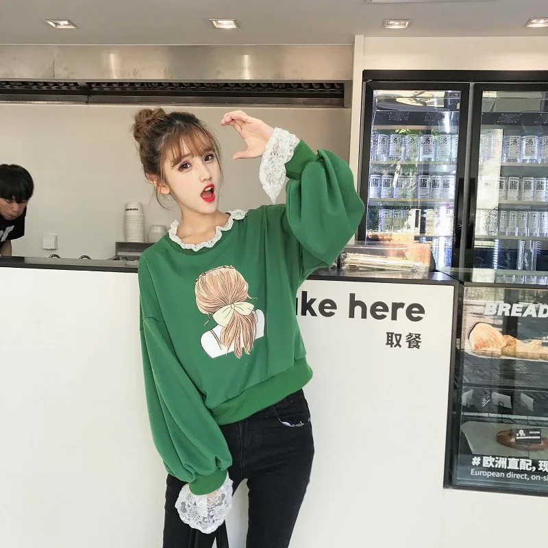 Женский пуловер с кружевом и длинным рукавом в Корейском стиле|hoodies women|sweatshirt hoodie