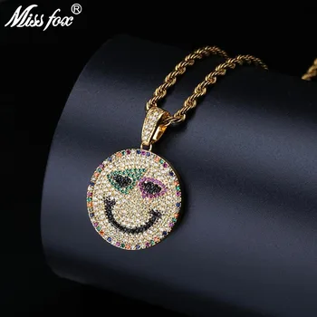 

MISSFOX Hip Hop Kids Smile Face Necklace Pendant 24K Gold Plated AAA Colorful Cubic Zirconia Rope Chain Male Hip Hop Jewelry