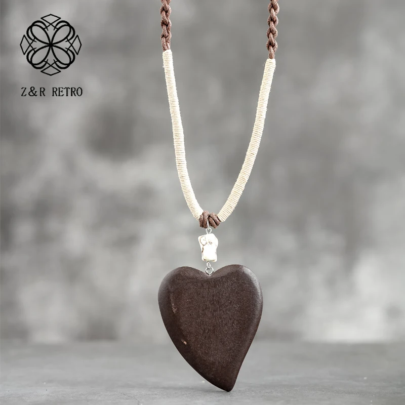 

Handmade Pendant Necklace 80cm Long Vintage Sweater Chain Heart Pendant Wood Adjustable Jewelry Wood Fashion Necklace