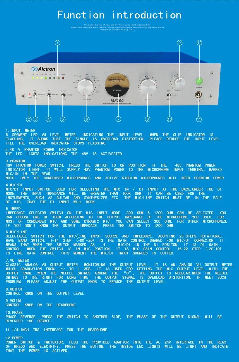 Alctron MP200 Pro микрофон-трубка/инструмент предусилитель, про микрофон/линия предусилитель, предусилитель микрофона с 48В