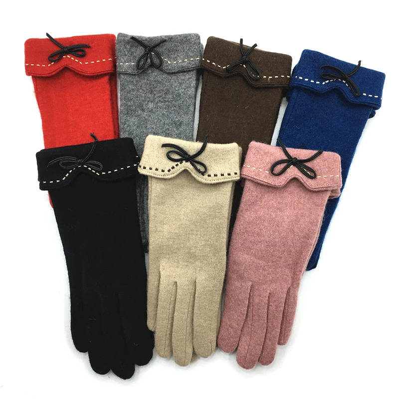 Модные элегантные женские шерстяные перчатки с сенсорным экраном зимние женские теплые кашемировые кожаные перчатки с бантом в горошек вышитые перчатки