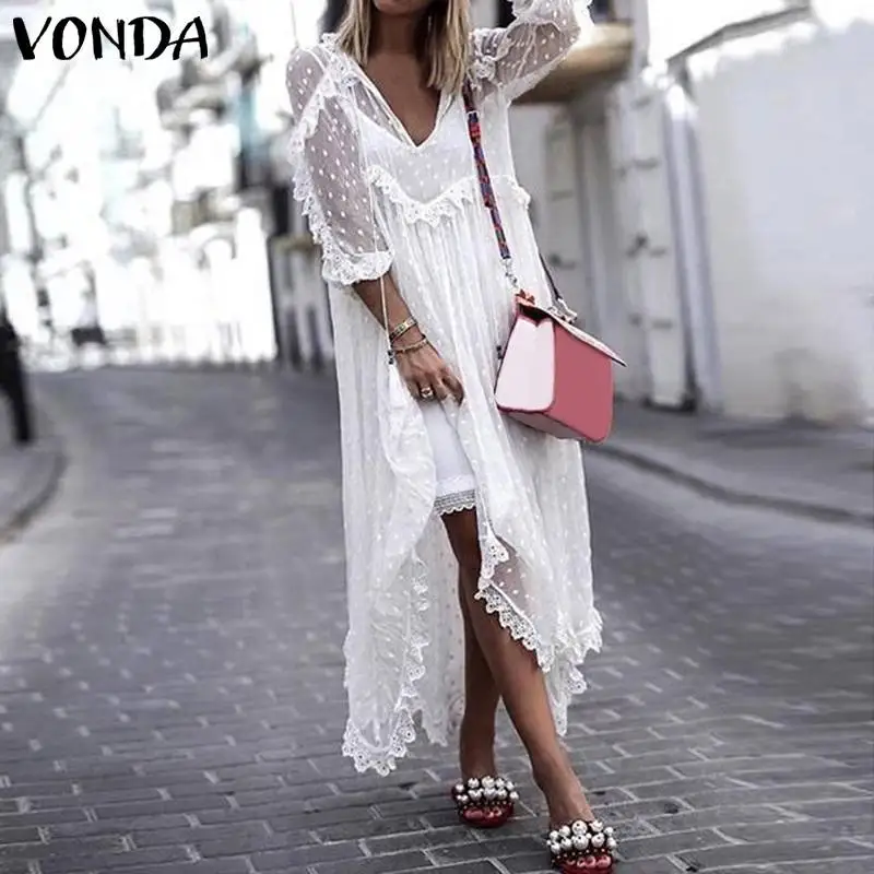 

VONDA Summer Sexy White Lace Dress 2019 Women V-Neck Dot Hollow Asymmetrical Hem Dress Holiday Cardigan Vestidos Plus Size S-5XL