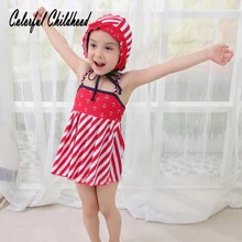 Раздельный купальник для маленьких девочек, платье в красную полоску на бретелях из 3 предметов+ шорты+ шляпа, купальник, купальный костюм, праздничные пляжные Горячие весенние купальники