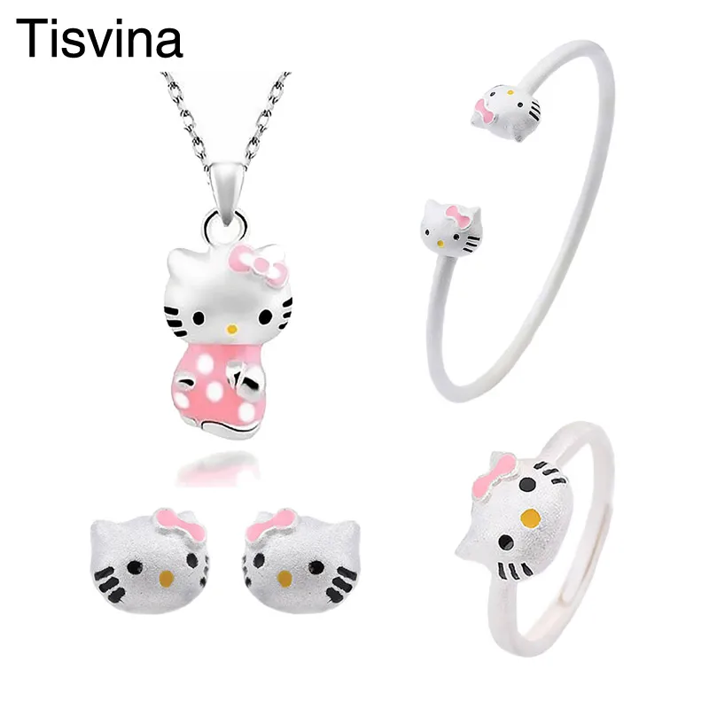 

Tisvina Hello kitty Jewelry Set for Women Girls Necklace & Earrings & Ring & Bangle Suit Cute kitten Fashion Brand Jewelry Set
