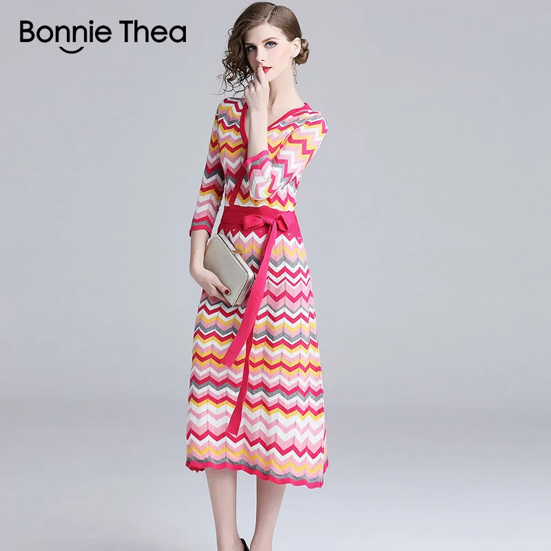 Женское вязаное платье в радужную полоску Bonnie Thea элегантное осеннее свитер