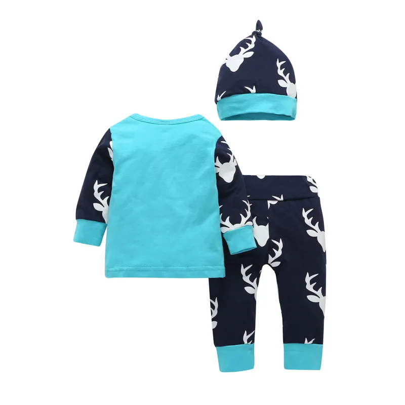 Одежда для маленьких мальчиков и девочек костюм из 3 предметов Футболка с принтом «Hello world»+ штаны с принтом оленя+ шапка, комплекты детской одежды для мальчиков