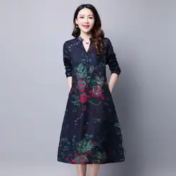 Китайский Стиль свободный халат одежда Новинка 2017 года осень Для женщин с длинными рукавами хлопок миди платья женские длинные Винтаж Vestidos