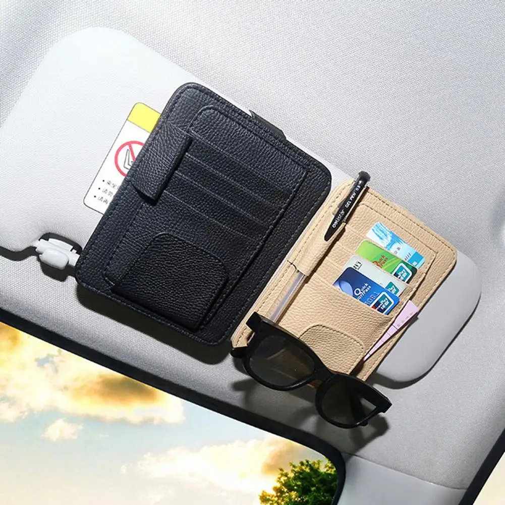 

Faux Leather Car Vehicle Sun Visor Eyeglasses Pen Cards Holder Storage Clip Bag