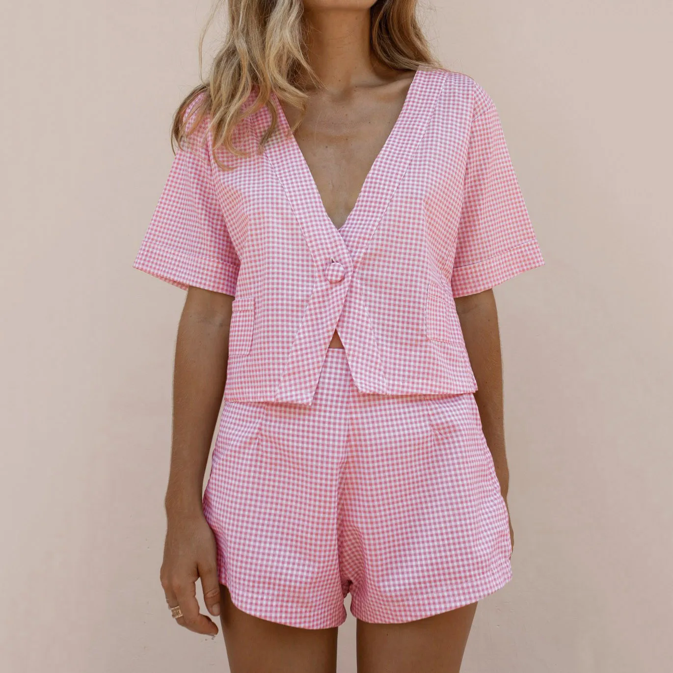 

Womail Women 2019 Pink Plaid Printed V-Neck Short Sleeve Summer Casual Cotton Material Suit Fashion Female Set 19MAY29