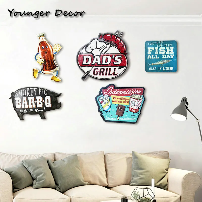 

Smokey Pig BBQ Grill Irregular Shade Metal Poster Soft Drink Cola Hot Dog Ice Cream Wall Decor Retro Advertising Signs YA024