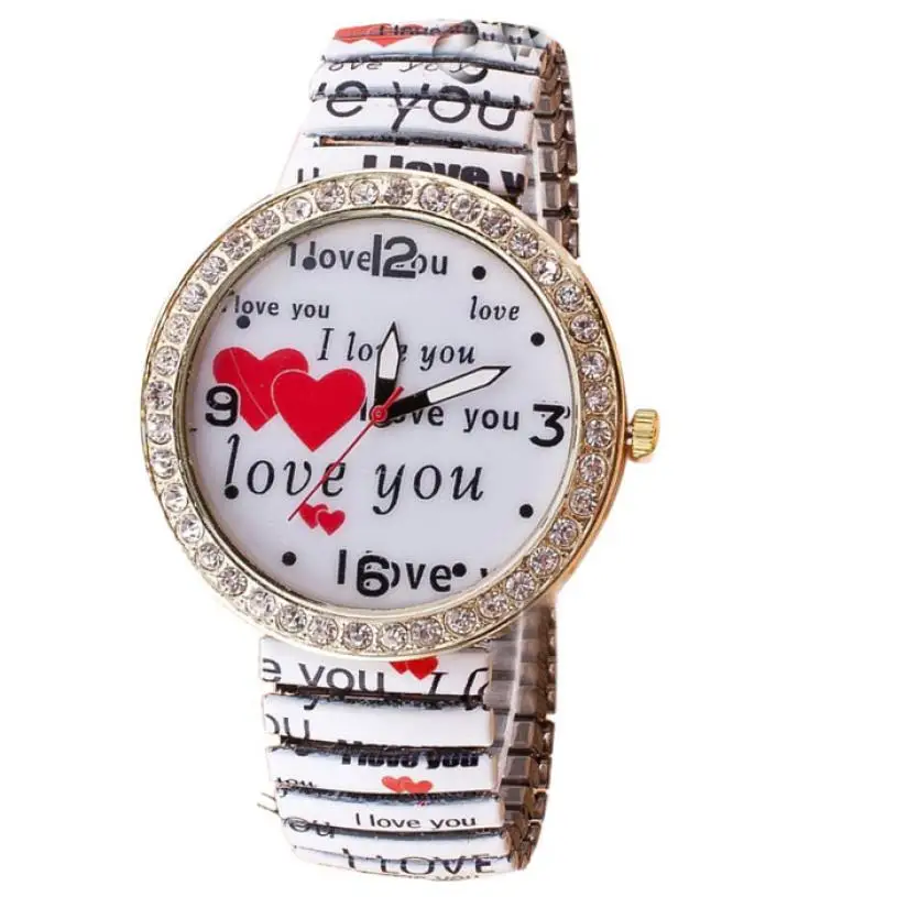 

2018 new Womens Love Heart Diamond Printed Elastic Bracelet Wrist Quartz Watch lady dress watches Leather Clock relogio feminino