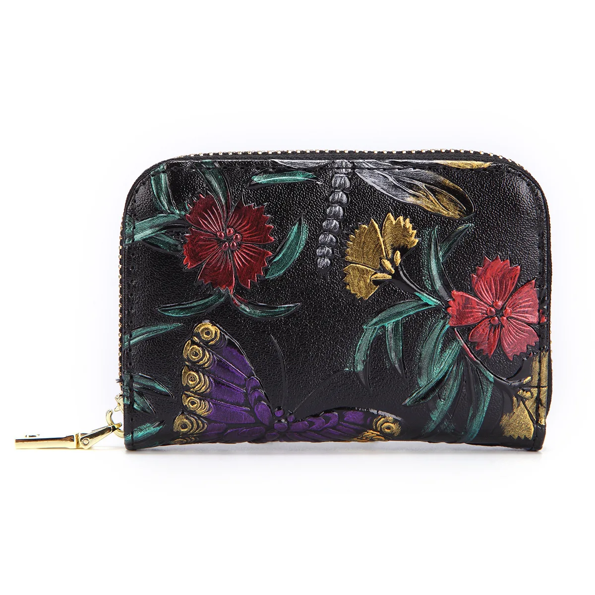 Women Bifold ID/Credit Card Holder Purse Money Coin Pocket Zipper Floral Pattern Retro Genuine ...